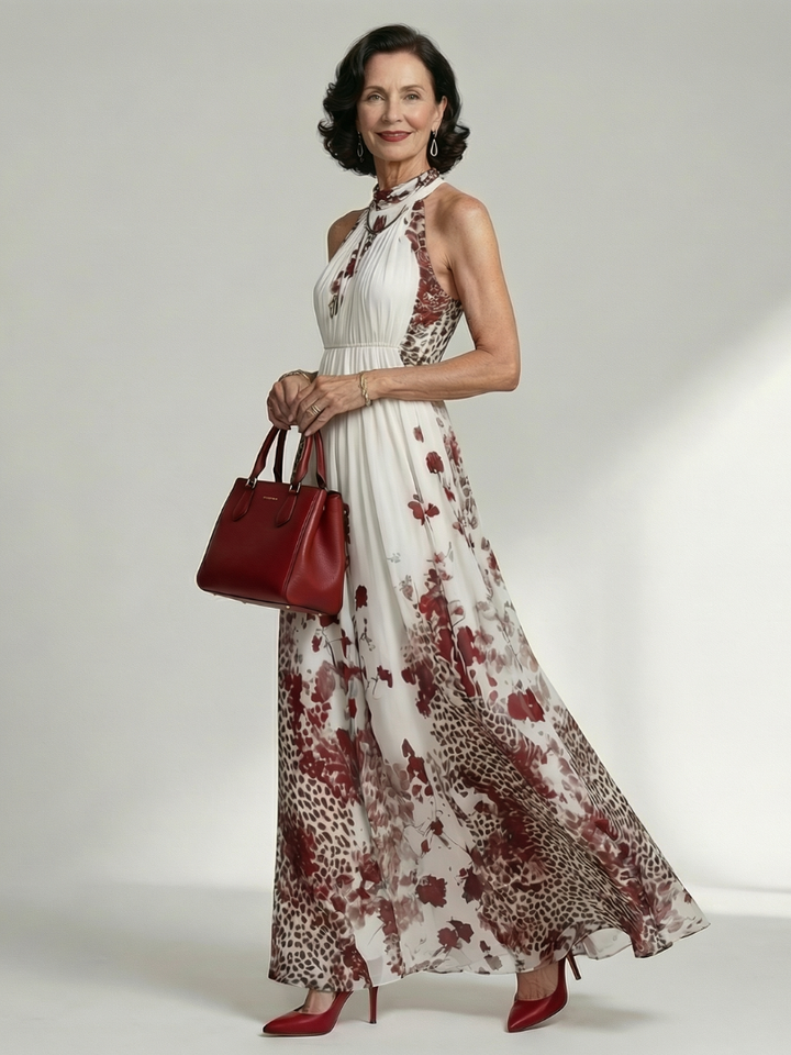 Red Rose Cascade Halter Maxi Dress