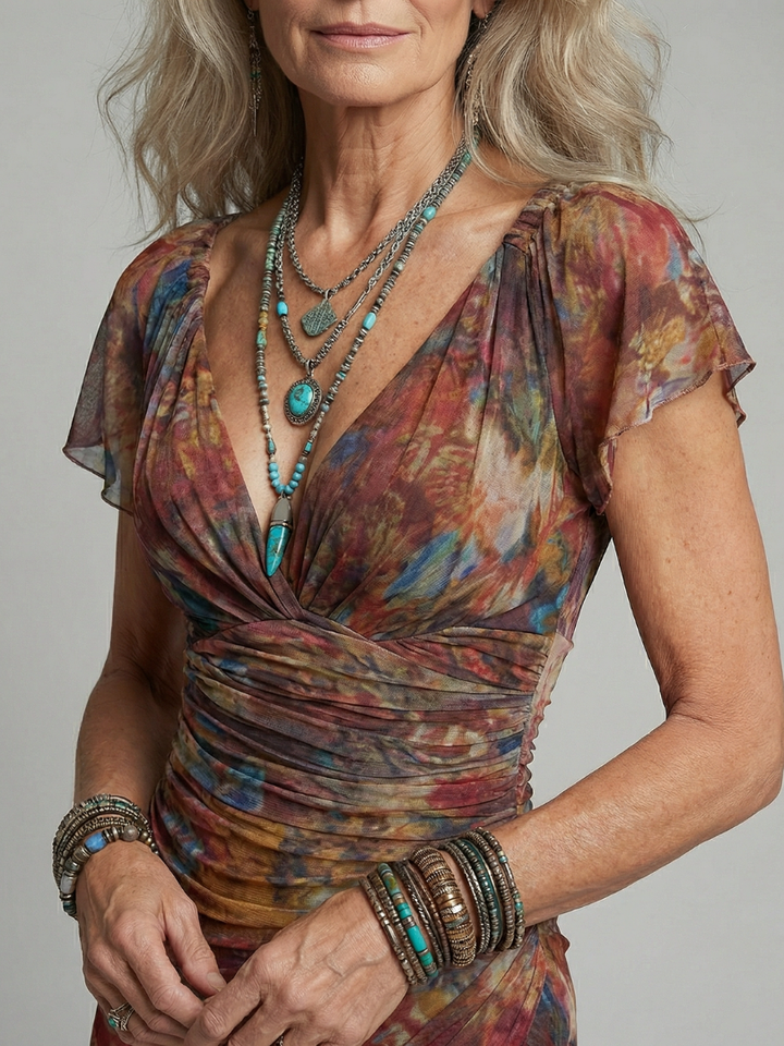 Watercolor Mesh Asymmetric Midi Dress