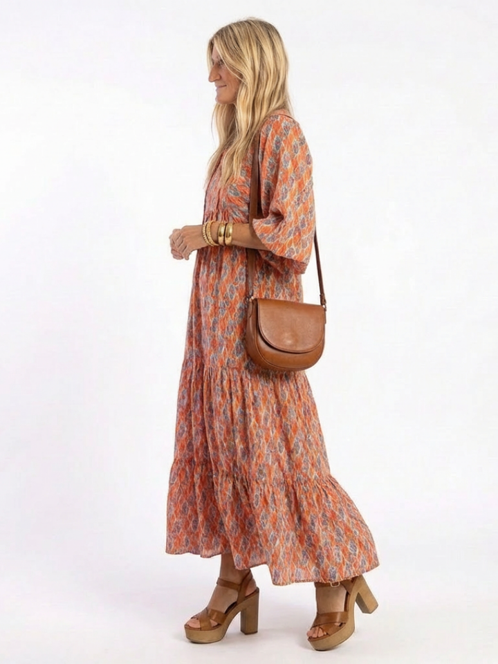 Modern Muse Geometric Tiered V-Neck Midi Dress