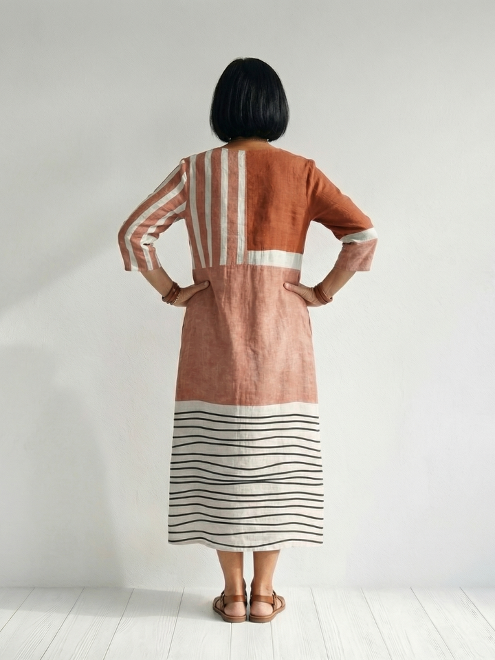 Mixed-Stripe Long-Sleeve Midi Dress