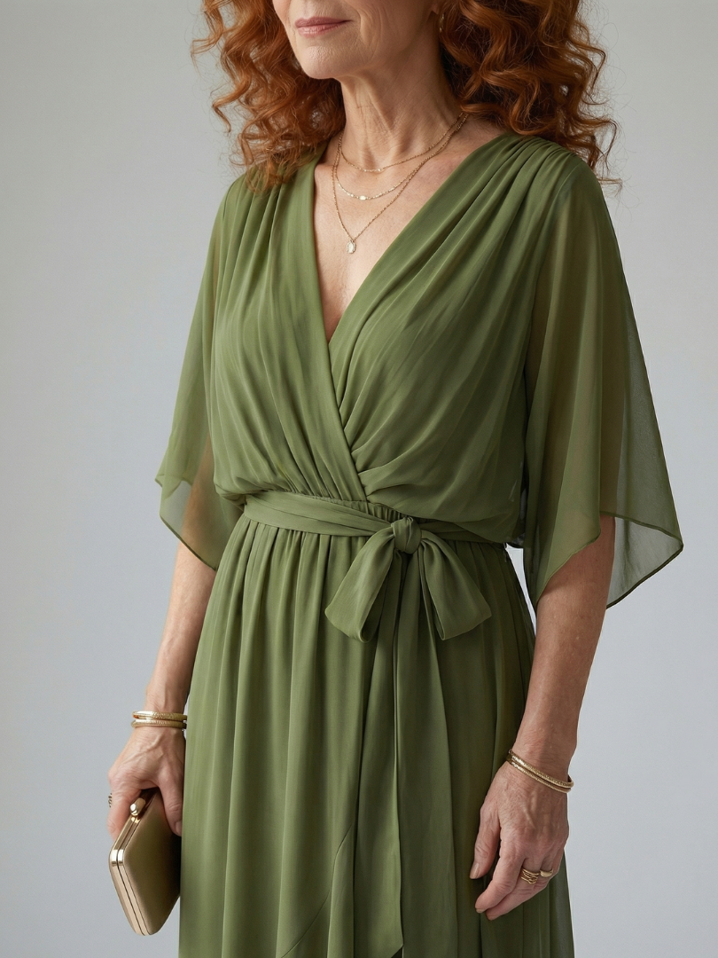 Olive Kimono-Sleeve Wrap Midi Dress