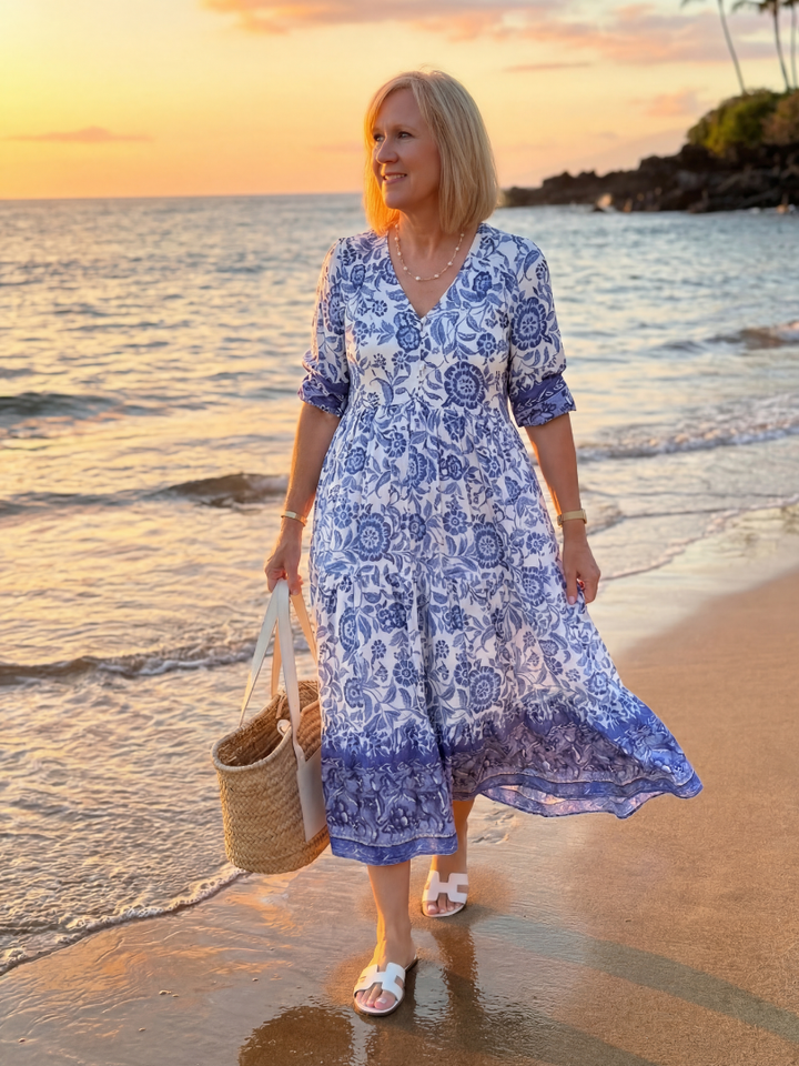 Garden Party Porcelain-Print Flowy Midi Dress