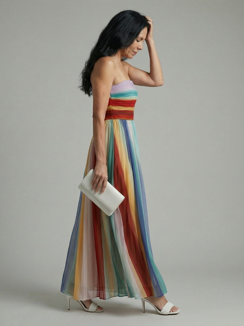 Rainbow Stripe Pleated Maxi Dress