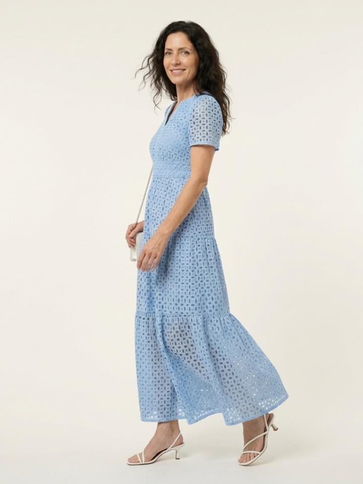 Smocked Eyelet Tiered Midi Dress