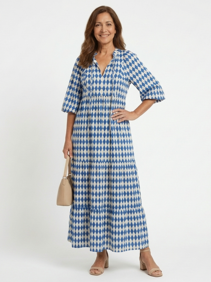 Twirl-Worthy Diamond-Print Tiered Midi Dress