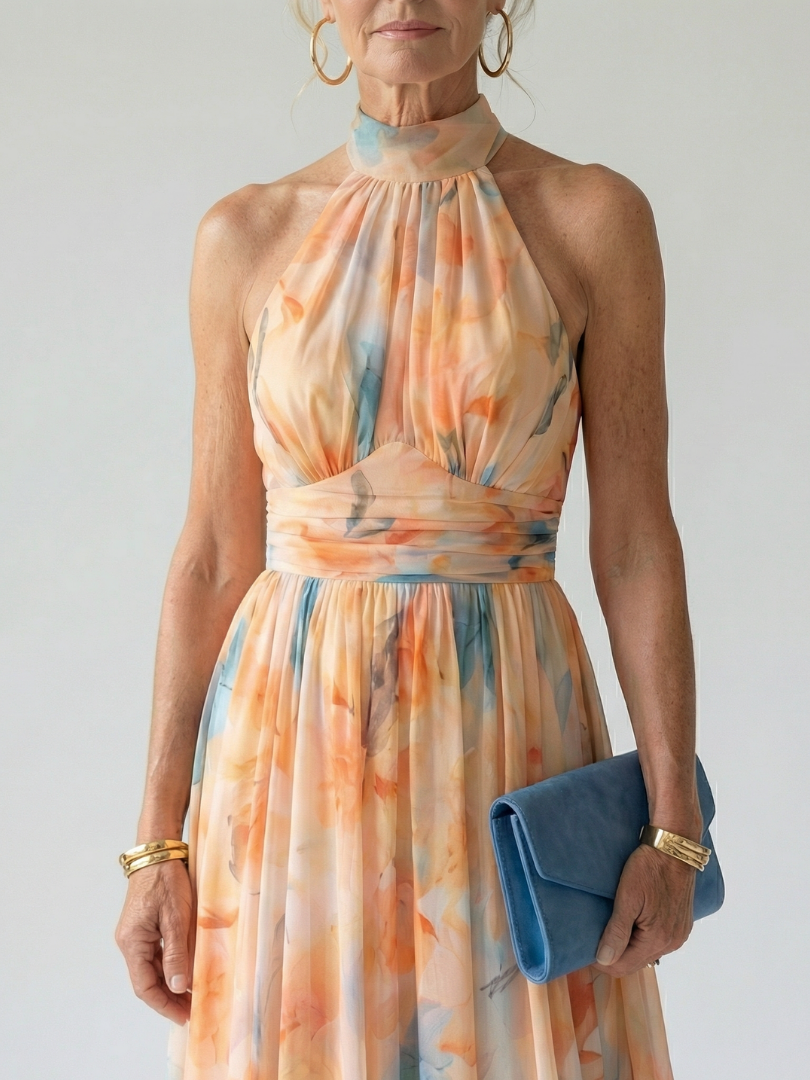 Peach Watercolor Halter Midi Dress