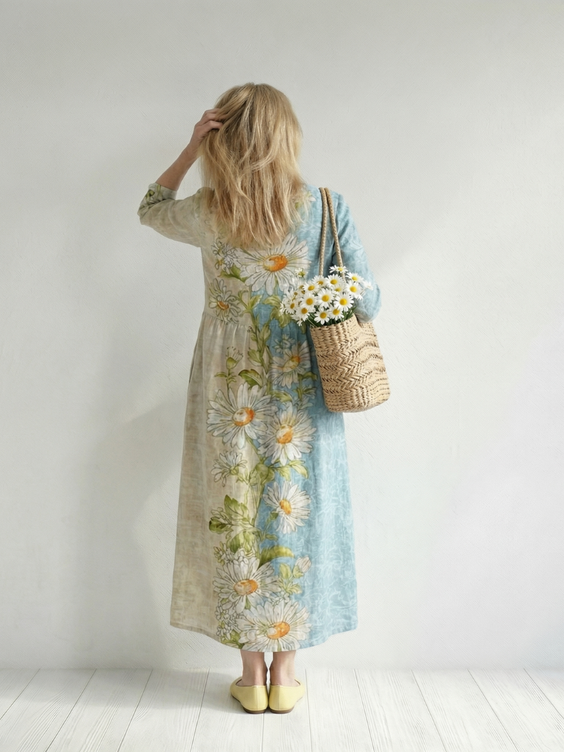Daisy Print V-Neck Midi Dress