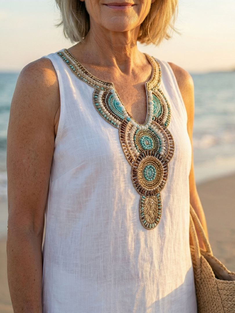 Embroidered Neckline Midi Dress