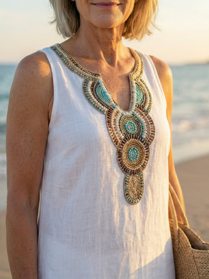Embroidered Neckline Midi Dress