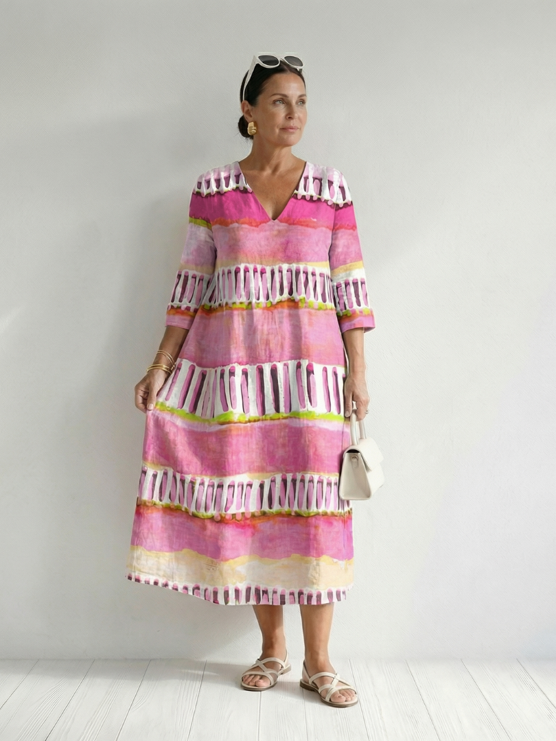 Mixed-Stripe V-Neck Midi Dress