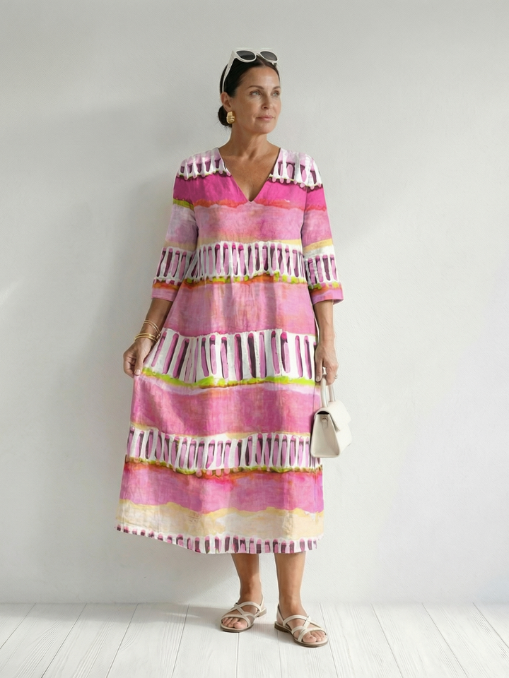 Mixed-Stripe V-Neck Midi Dress