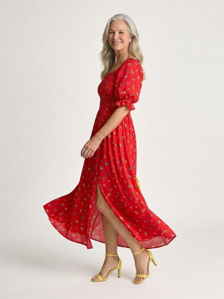 Romantic Garden Party Floral Square-Neck Puff-Sleeve Midi Dress