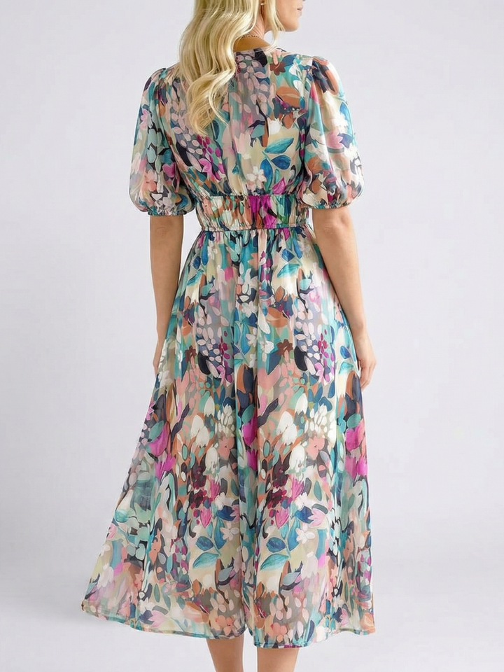 Waist-Cinching V-Neck Short-Sleeve Midi Dress