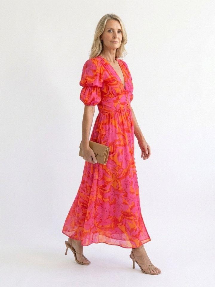 Garden Party Floral Puff-Sleeve V-Neck Midi Dress
