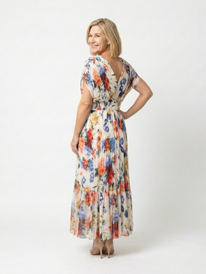 Garden Party Pleated Floral Short-Sleeve Midi Dress