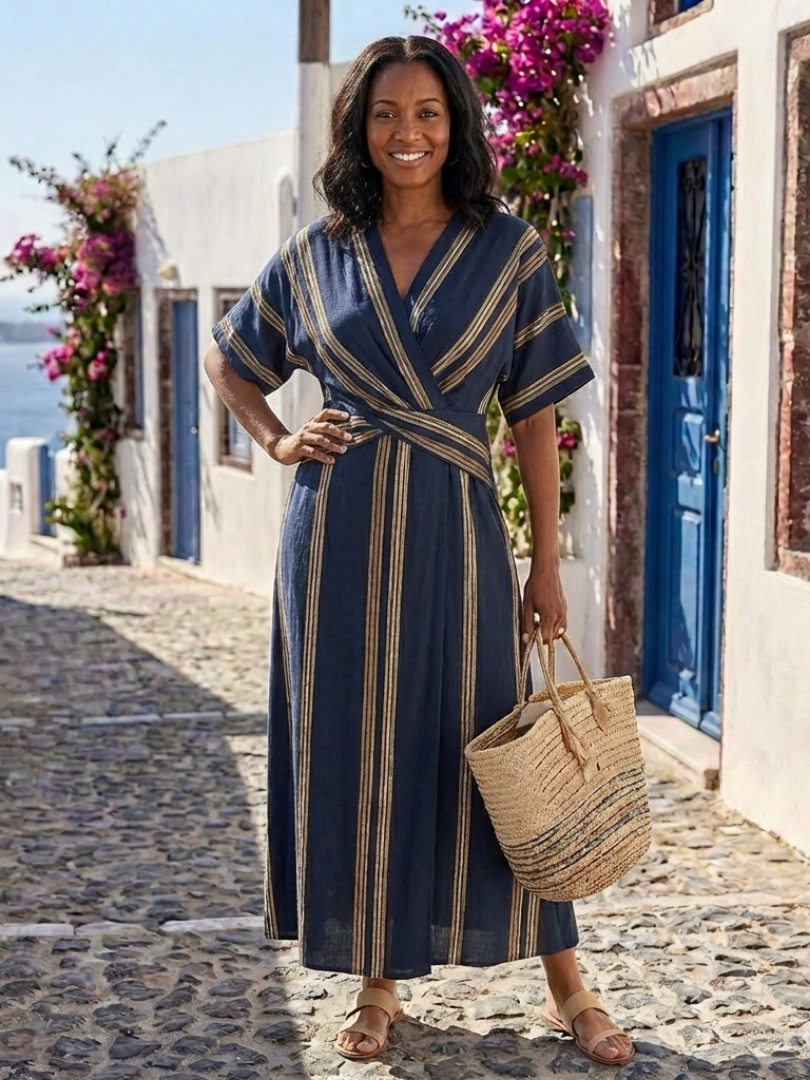 Waist Defining Striped V-Neck Wrap Midi Dress