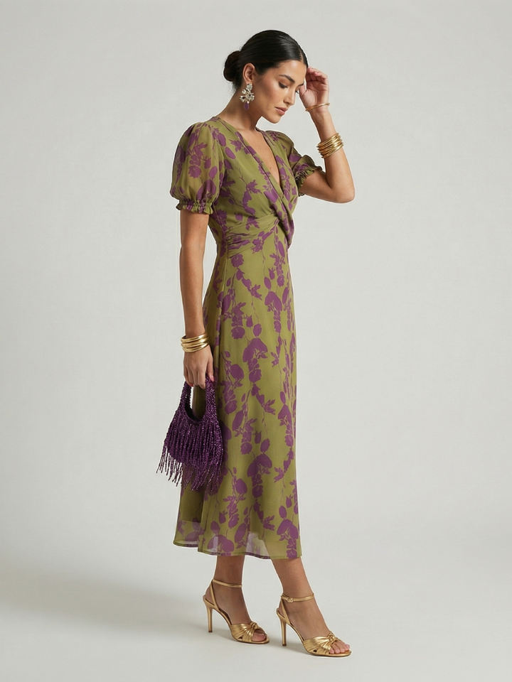 Olive Floral Puff-Sleeve Midi Dress