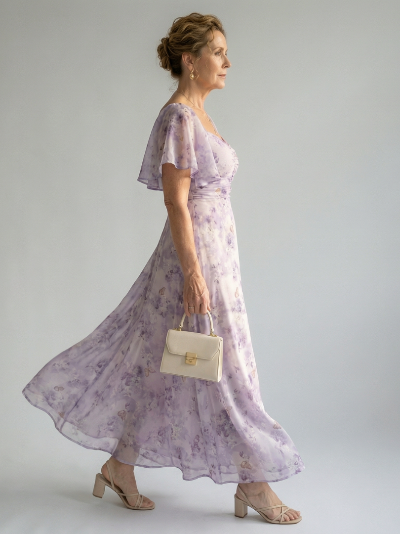 Lavender Floral Square-Neck Midi Dress