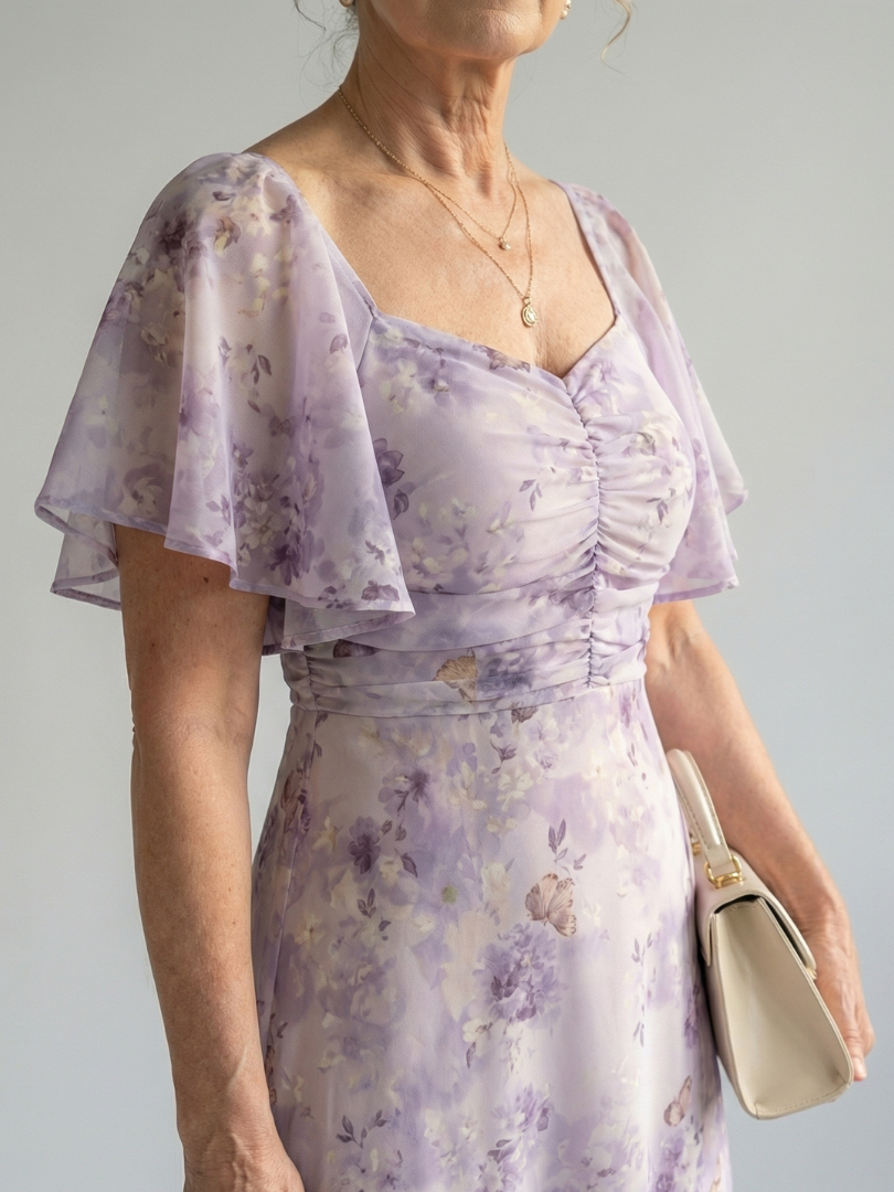 Lavender Floral Square-Neck Midi Dress