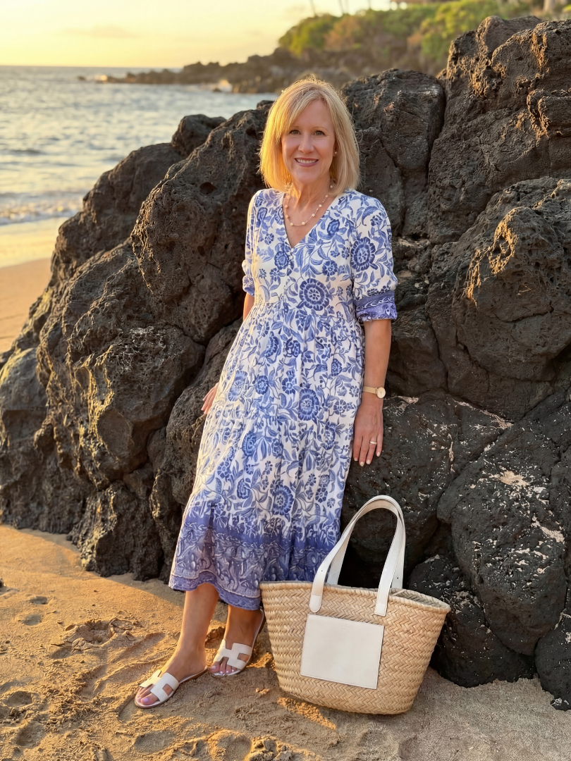 Garden Party Porcelain-Print Flowy Midi Dress