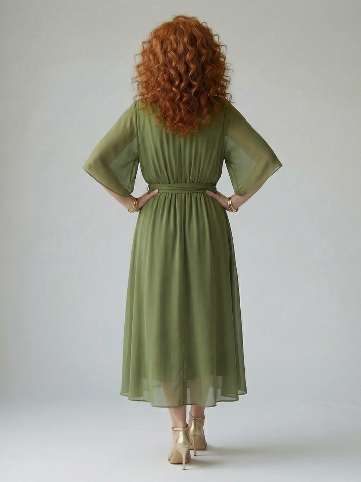 Olive Kimono-Sleeve Wrap Midi Dress