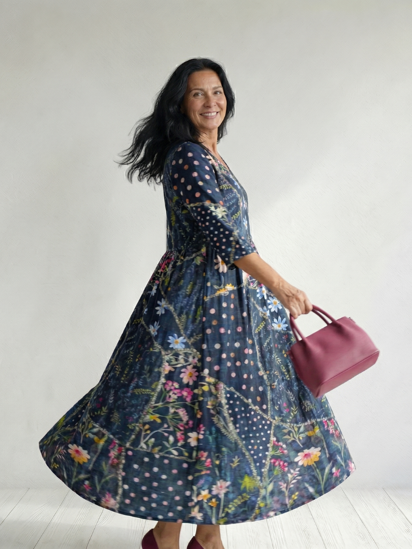 Romantic Garden Party Floral Gathered Midi Dress