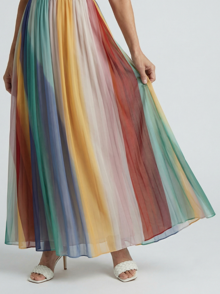 Rainbow Stripe Pleated Maxi Dress