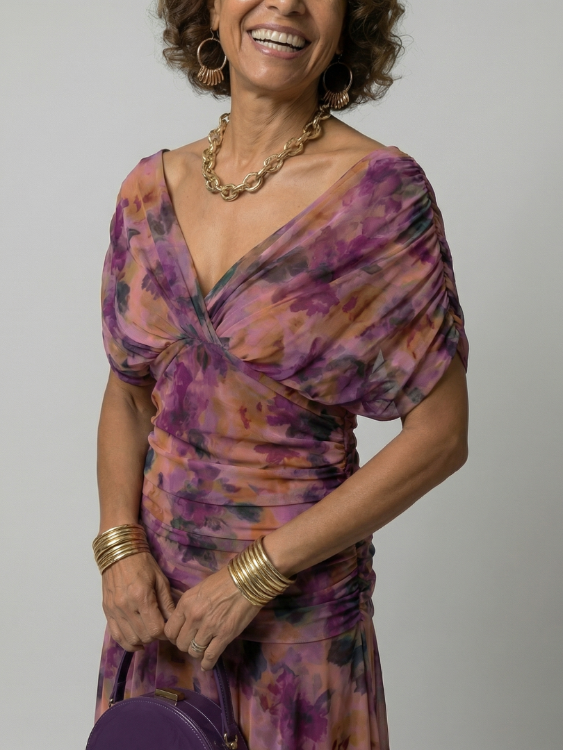 Plum Watercolor Flutter-Sleeve Maxi Dress