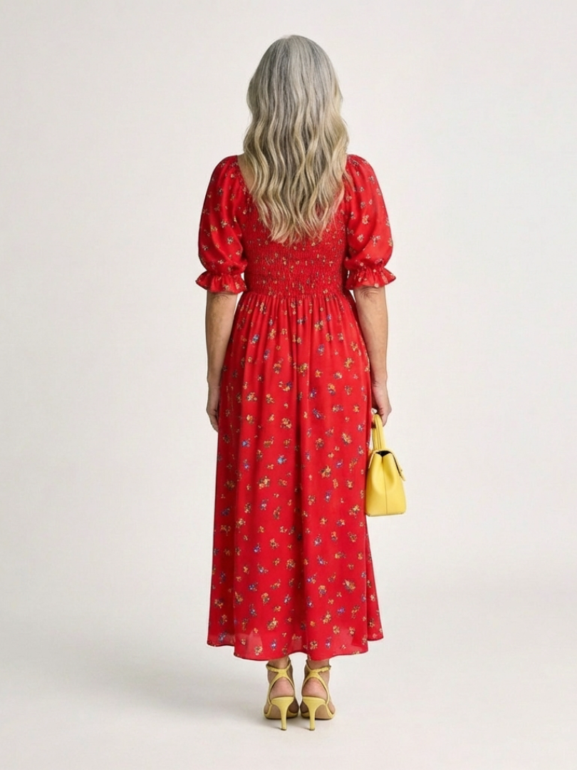 Romantic Garden Party Floral Square-Neck Puff-Sleeve Midi Dress
