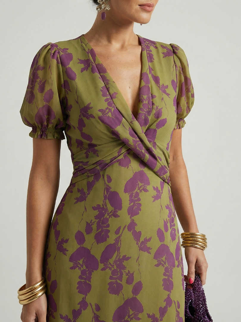 Olive Floral Puff-Sleeve Midi Dress