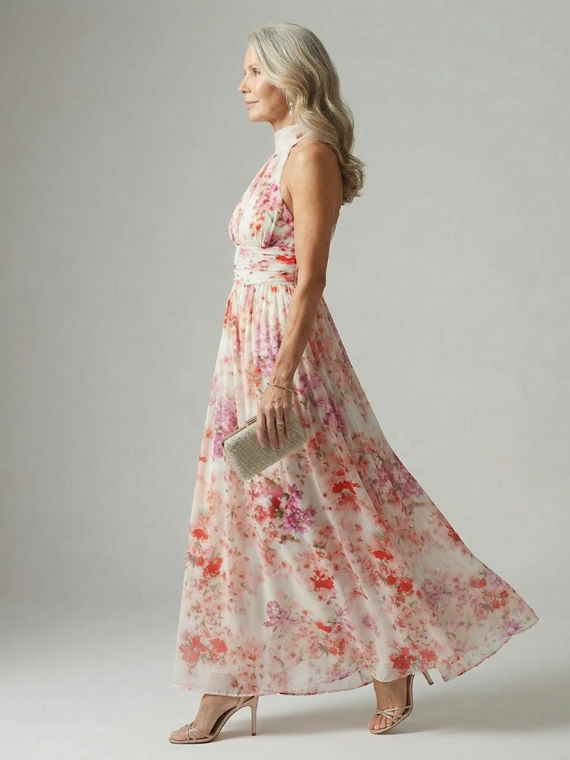 Soft Coral Floral Halter Maxi Dress