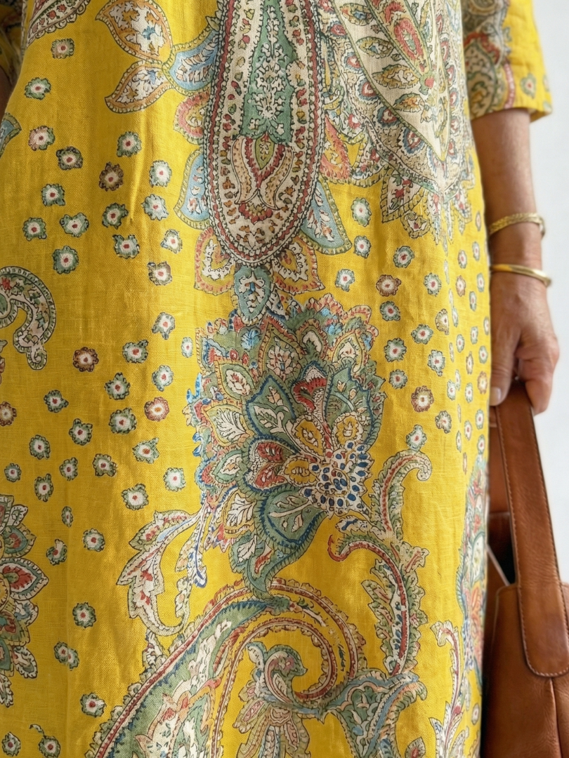 Yellow Paisley V-Neck Midi Dress