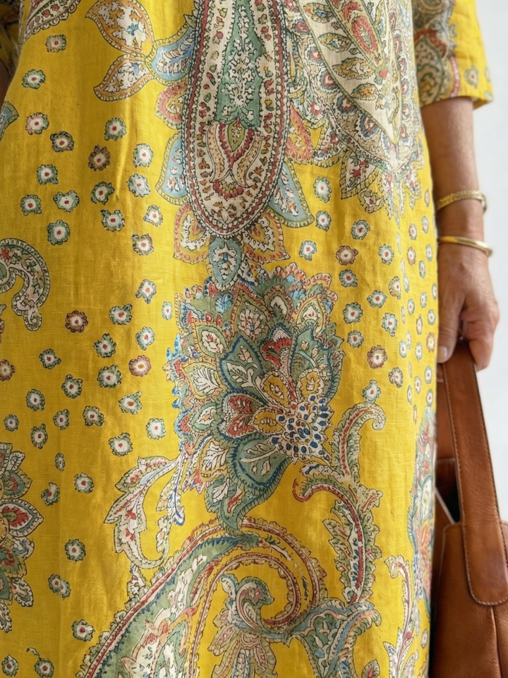 Yellow Paisley V-Neck Midi Dress