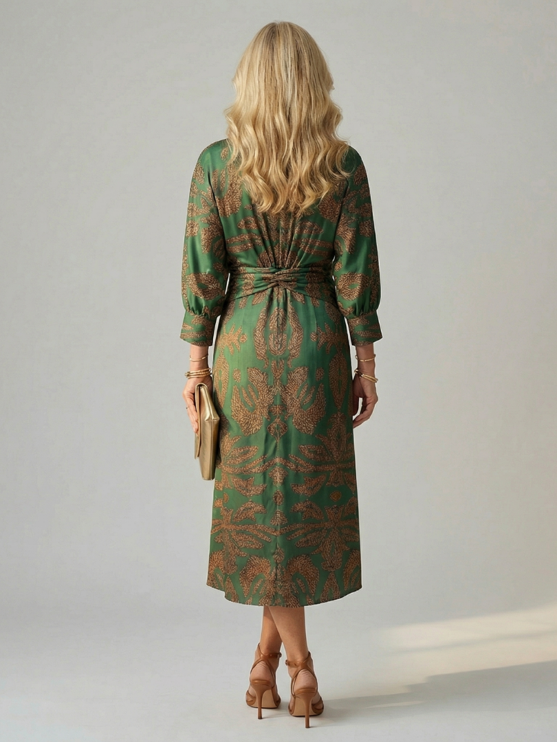 Emerald Paisley Twist-Front Midi Dress