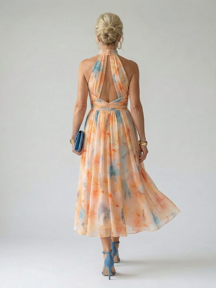 Peach Watercolor Halter Midi Dress
