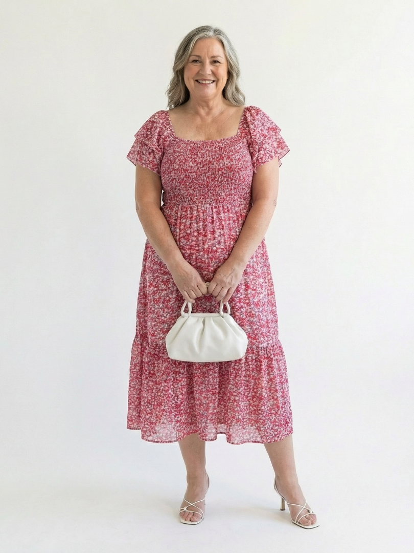 Romantic Garden Party Off-Shoulder Floral Smocked Midi Dress