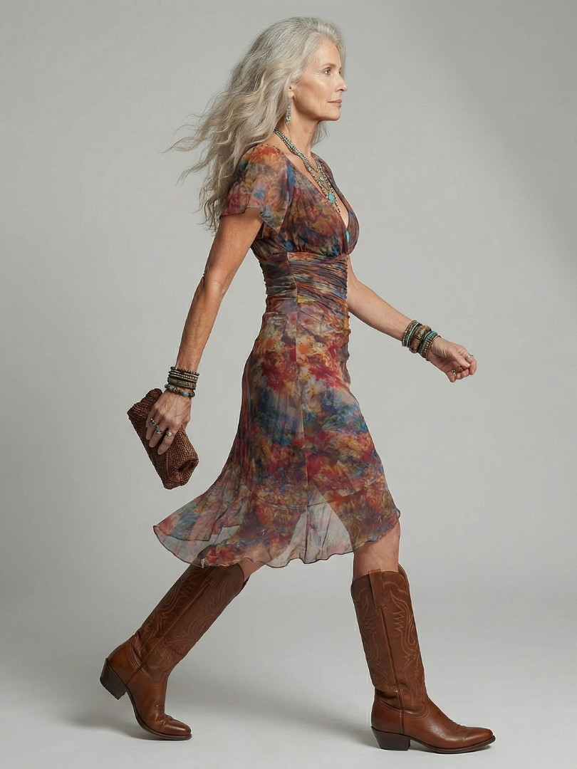 Watercolor Mesh Asymmetric Midi Dress