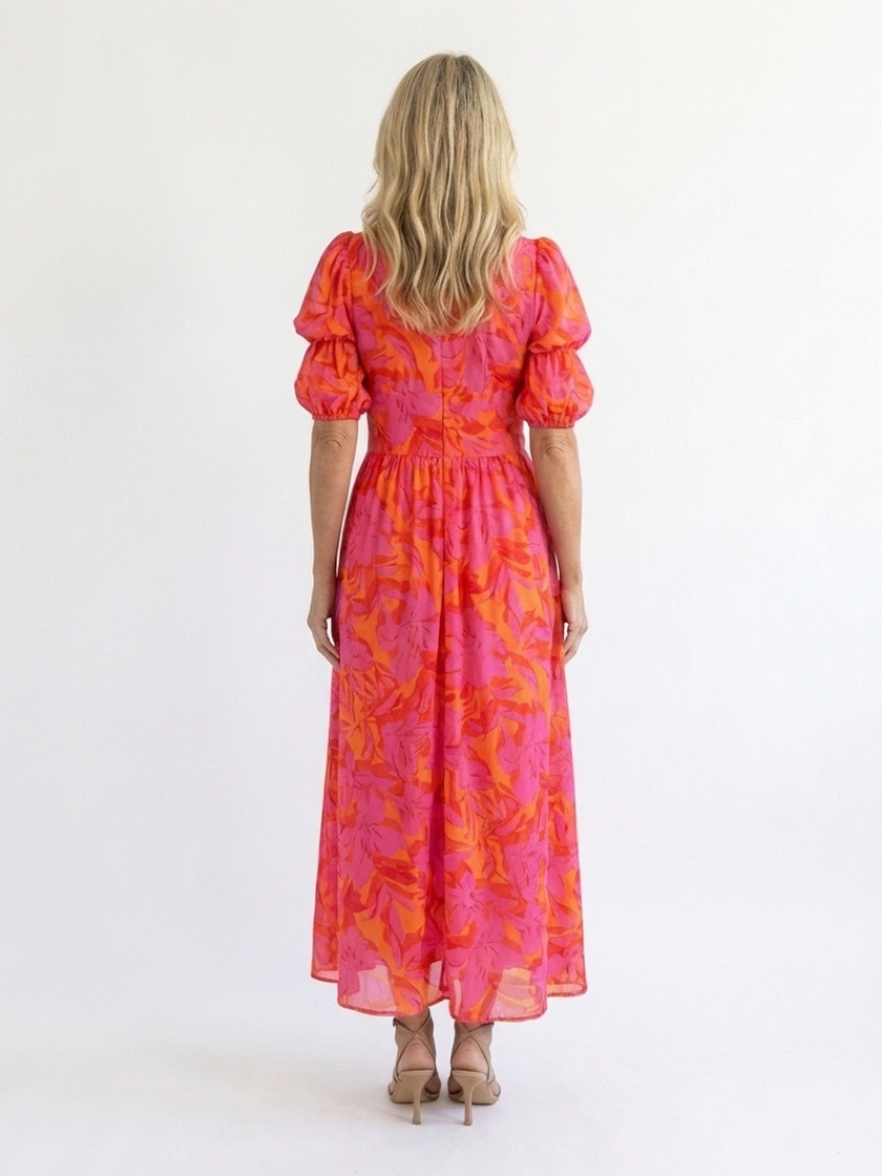 Garden Party Floral Puff-Sleeve V-Neck Midi Dress