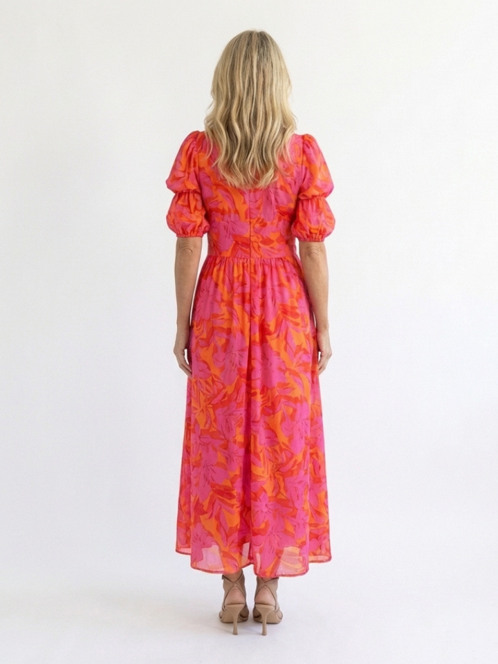 Garden Party Floral Puff-Sleeve V-Neck Midi Dress
