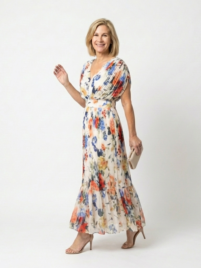 Garden Party Pleated Floral Short-Sleeve Midi Dress