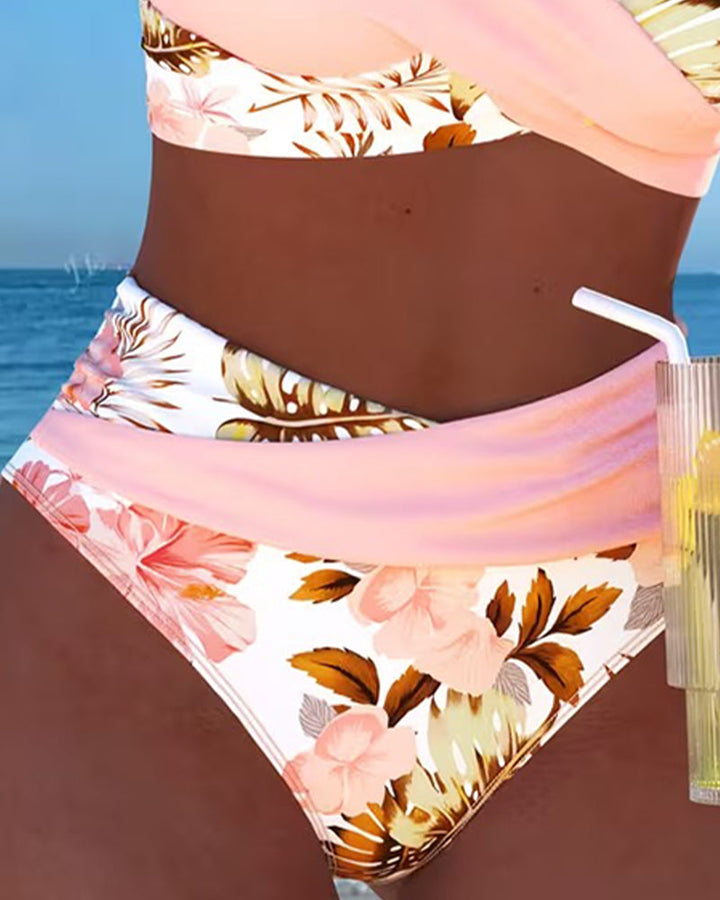 Contrasting Floral Print Cut-Out Bikini