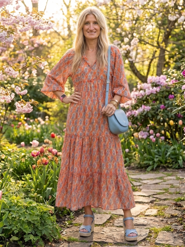 Modern Muse Geometric Tiered V-Neck Midi Dress