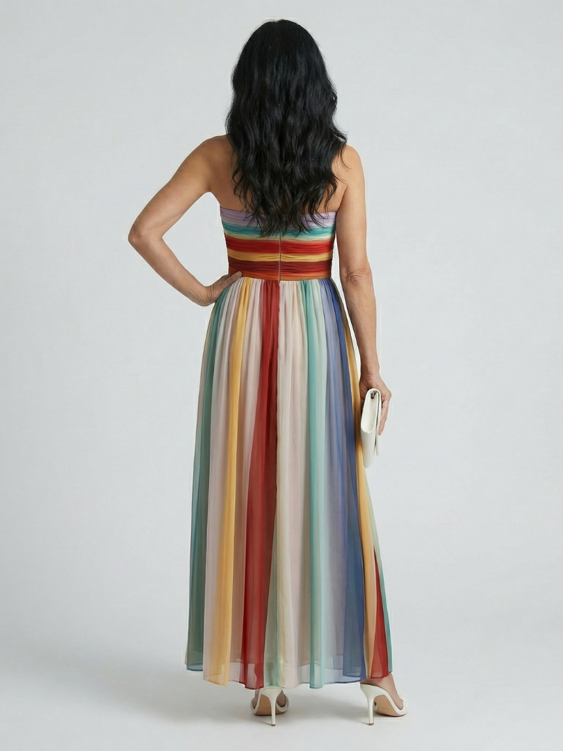 Rainbow Stripe Pleated Maxi Dress