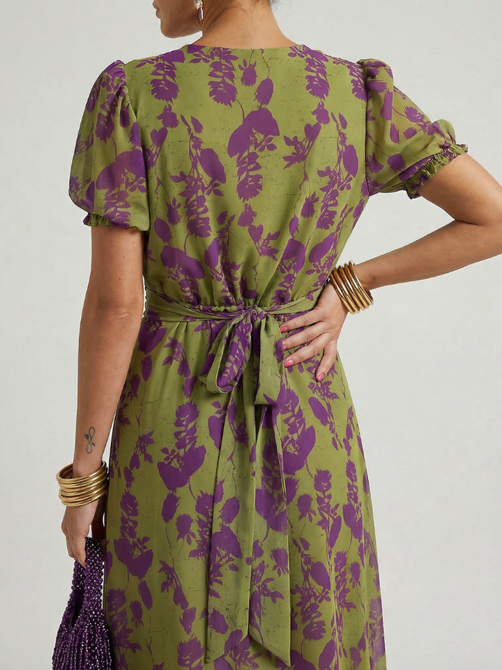Olive Floral Puff-Sleeve Midi Dress