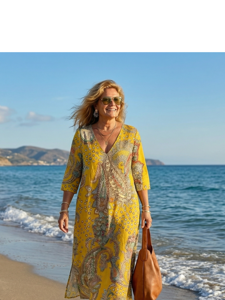 Yellow Paisley V-Neck Midi Dress