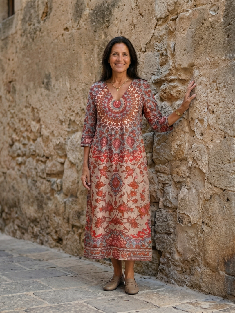 Border-Print Tailored Midi Dress