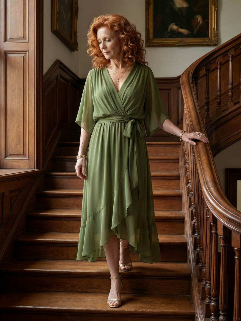 Olive Kimono-Sleeve Wrap Midi Dress