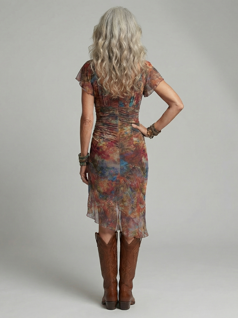 Watercolor Mesh Asymmetric Midi Dress