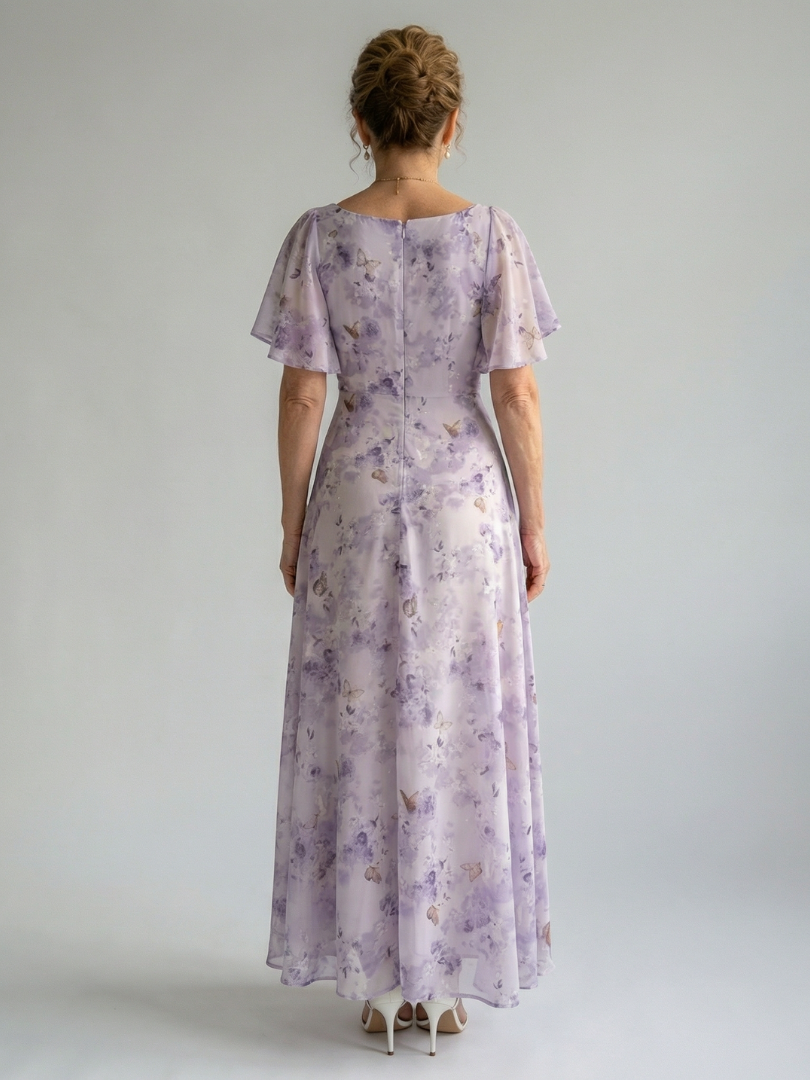 Lavender Floral Square-Neck Midi Dress