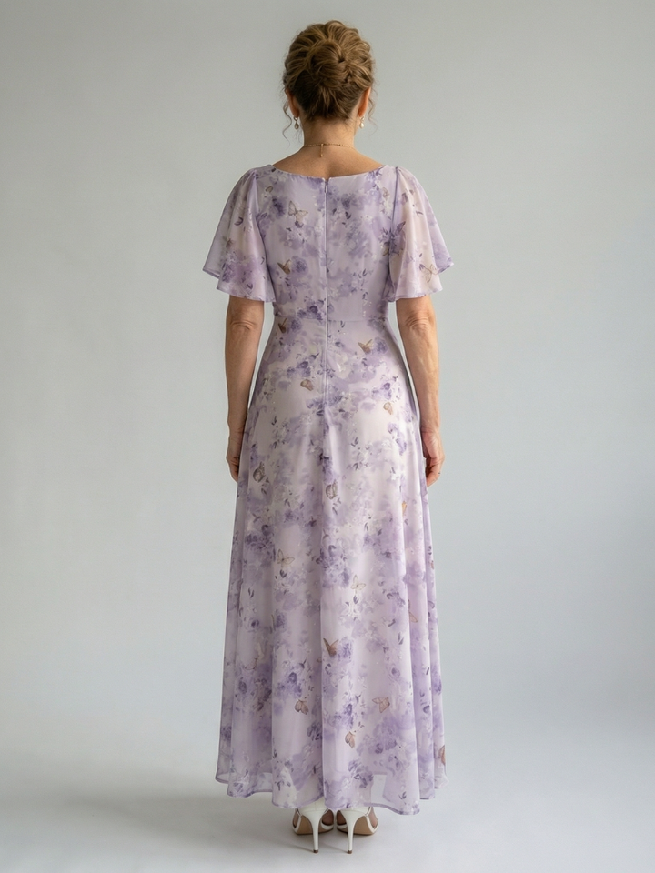 Lavender Floral Square-Neck Midi Dress